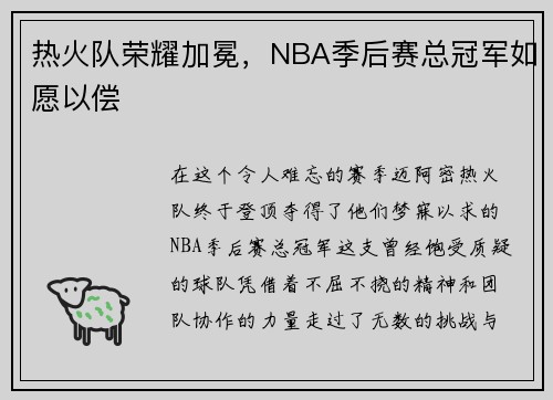 热火队荣耀加冕，NBA季后赛总冠军如愿以偿